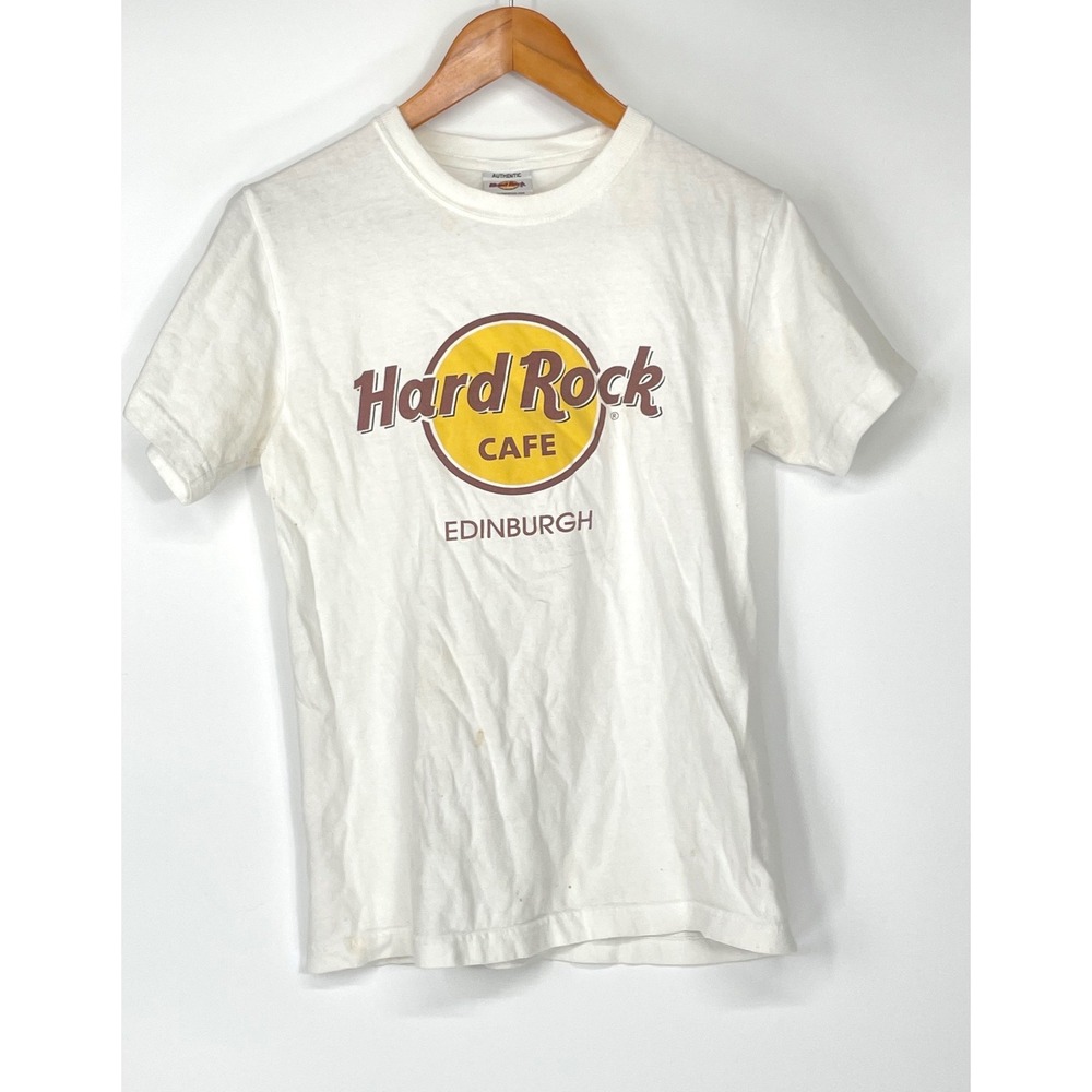 Vintage Hard Rock Cafe Mens T-Shirt S Short Sleeve White Edinburgh Graphic Logo